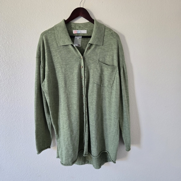 NWT Free People Beach Oversized Green Button Up Cotton Linen Sweater Size Medium - Picture 11 of 15